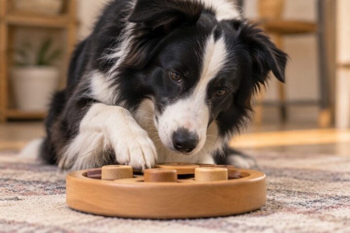 Border collie working on a wooden puzzle toy