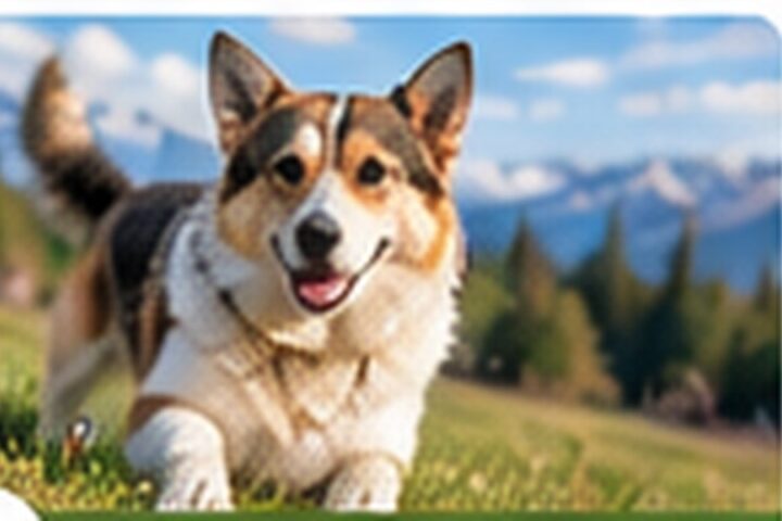 Corgi outdoors with mountains in the background
