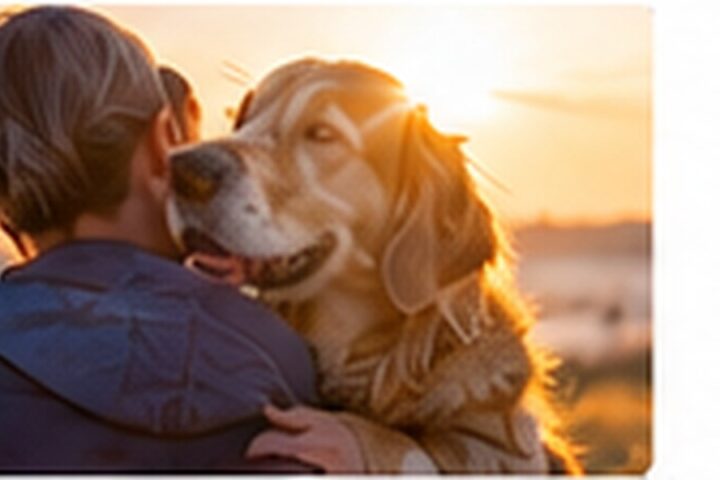 Dog greeting a child at sunset