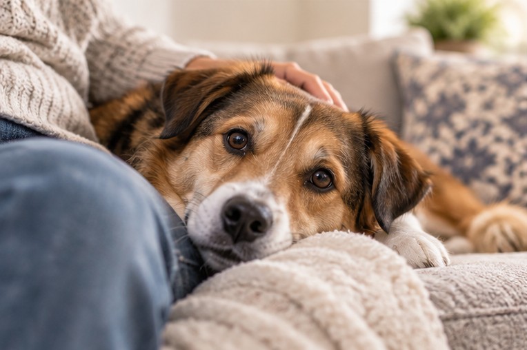 Relaxed dog resting beside a person on a couch