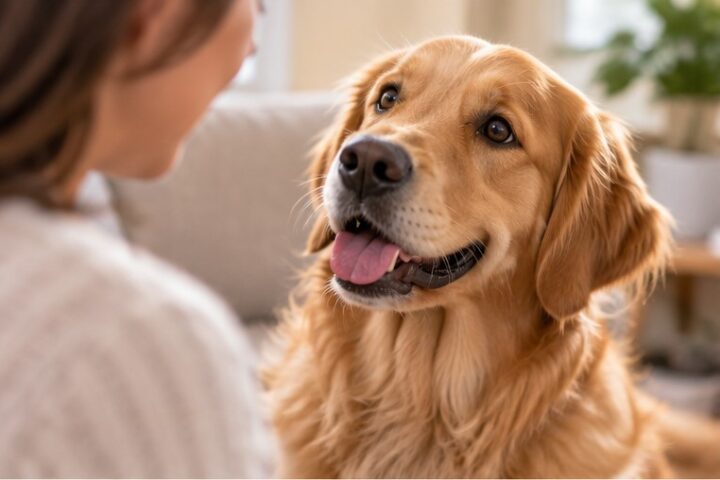 Golden retriever looking up at a person indoors